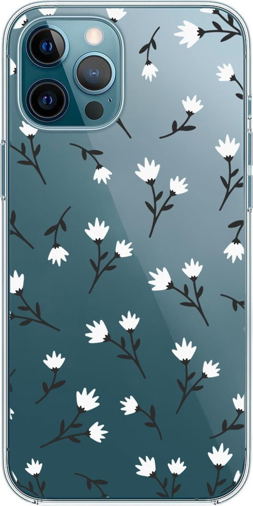 İphone 12 Pro Max Uyumlu Beyaz Çiçekler Desenli Premium Şeffaf Silikon Kılıf