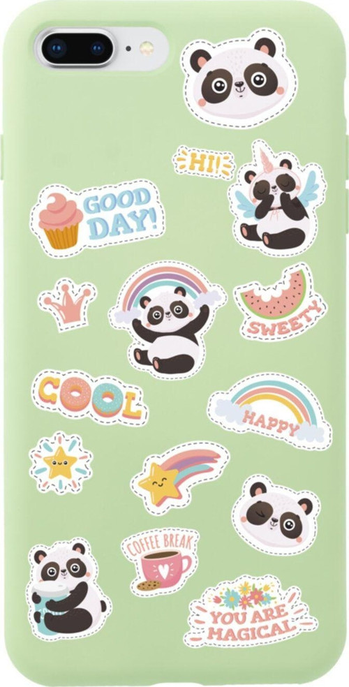 İphone 8 Plus Sticker Panda Tasarımlı Yeşil Telefon Kılıfı