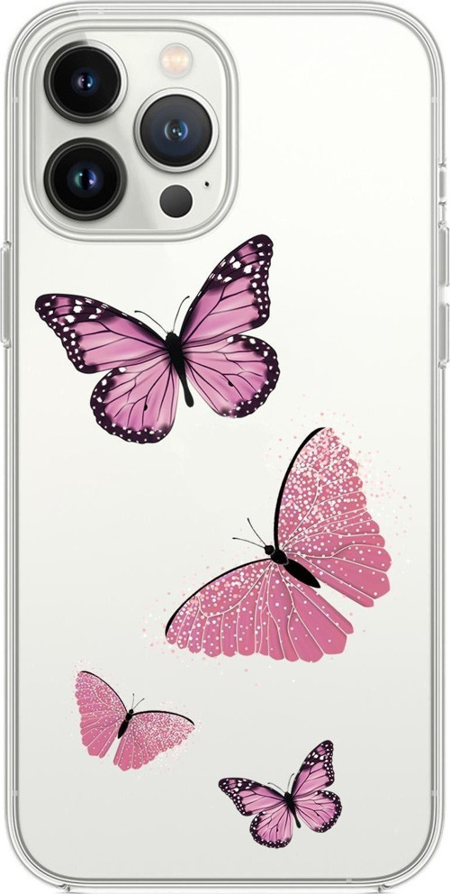 İphone 14 Pro Max Uyumlu Pembe Kelebekler Desenli Şeffaf Silikonlu Telefon Kılıfı