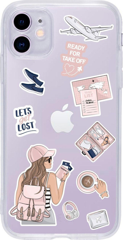 Iphone 11 Pink Travel Desenli Şeffaf Telefon Kılıfı