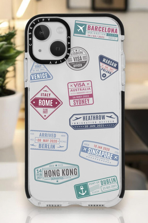 İphone 15 Plus Uyumlu Seyehat Pulu Casetify Darbe Emci Silikonlu Telefon Kılıfı