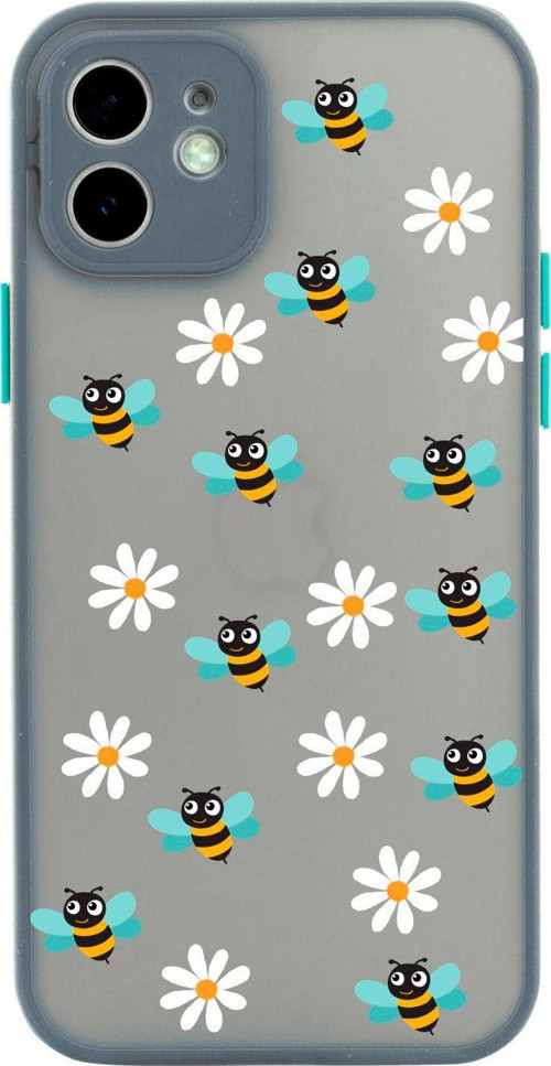 Iphone 11 Uyumlu Lüx Kamera Lens Korumalı Bee Etiket Desenli Gri Telefon Kılıfı
