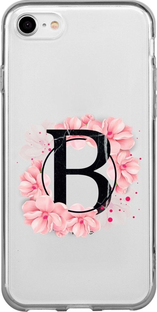 İphone 8 Uyumlu Pembe Çiçek Desen B Harfli Şeffaf Kılıf