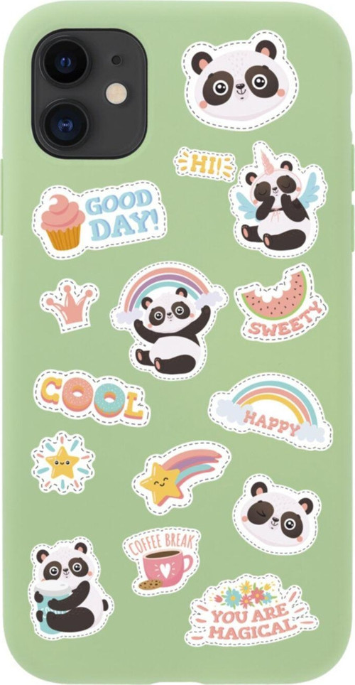 Iphone 11 Sticker Panda Tasarımlı Yeşil Telefon Kılıfı