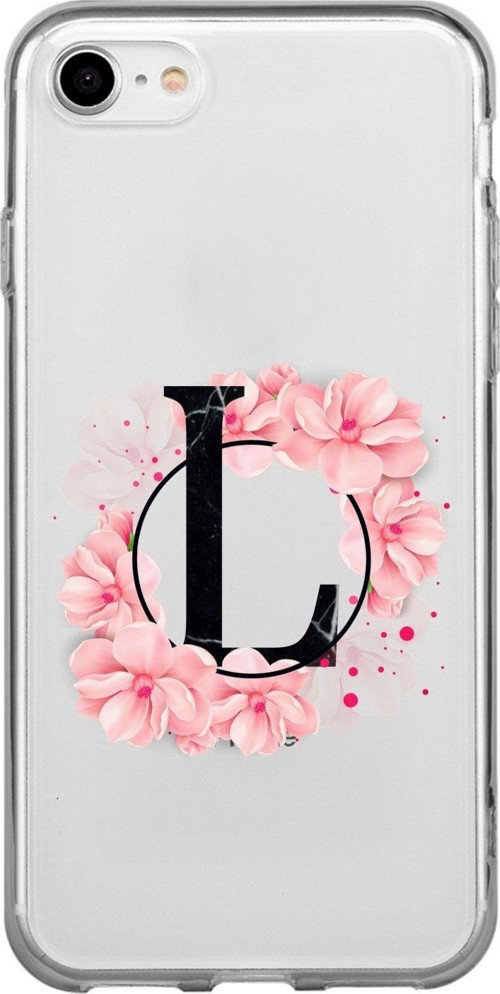 İphone 7 Uyumlu Pembe Çiçek Desen L Harfli Şeffaf Kılıf