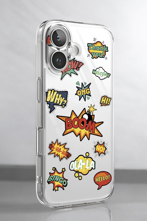 İphone 16 Uyumlu Stickers Desenli Premium Silikonlu Şeffaf Telefon Kılıfı