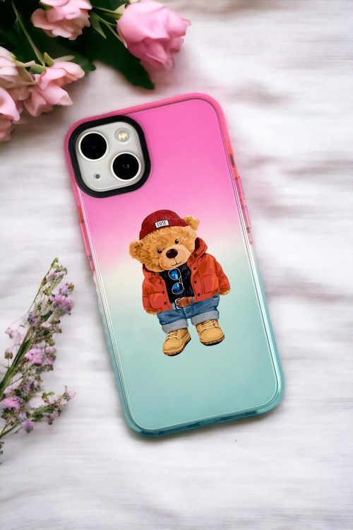 İphone 15 Plus Uyumlu Teddy Bear Desenli Premium Rainbow Silikonlu Telefon Kılıfı