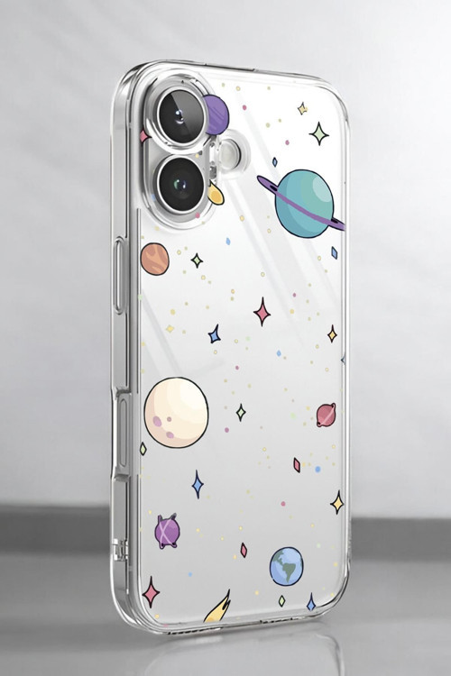 İphone 16 Uyumlu Gezegenler Desenli Premium Silikonlu Şeffaf Telefon Kılıfı
