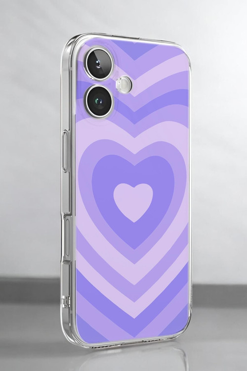 İphone 16 Uyumlu Mor Kalpler Desenli Premium Silikonlu Şeffaf Telefon Kılıfı