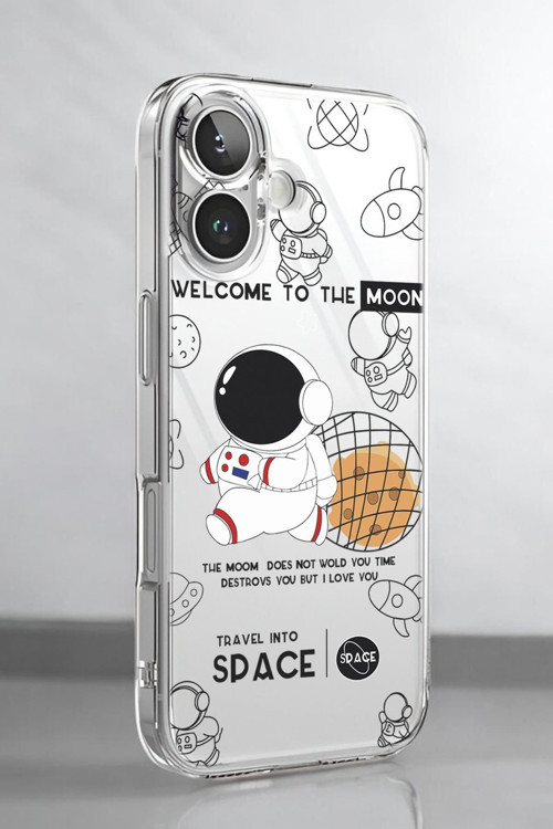 İphone 16 Uyumlu Sevimli Astronot Desenli Premium Silikonlu Şeffaf Telefon Kılıfı