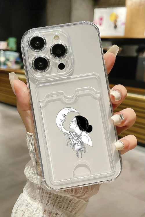 İphone 14 Pro Max Uyumlu Moon And Women Desenli Şeffaf Kamera Korumalı Ve Kartlıklı Telefon Kılıfı
