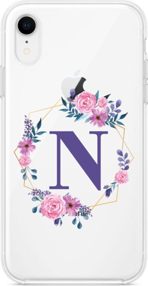 Mor Çiçekli N Harfli Şeffaf İphone Xr Telefon Kılıfı