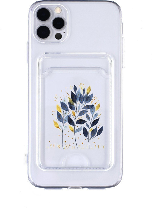 Iphone 11 Pro Uyumlu Mavi Yaprak Desenli Şeffaf Kamera Korumalı Ve Kartlıklı Telefon Kılıfı