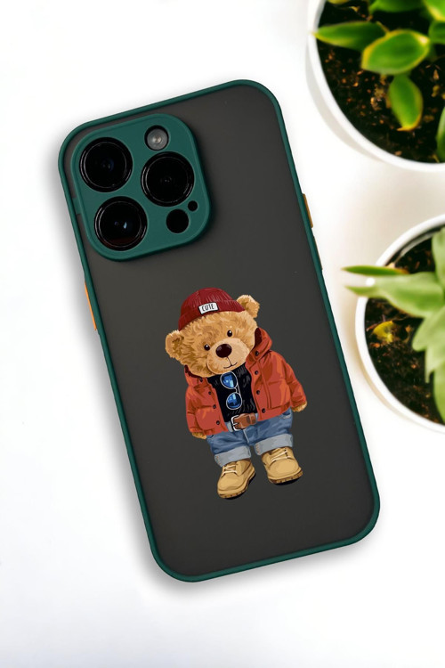 İphone 14 Pro Uyumlu Teddy Bear Desenli Buzlu Şeffaf Lüx Telefon Kılıfı