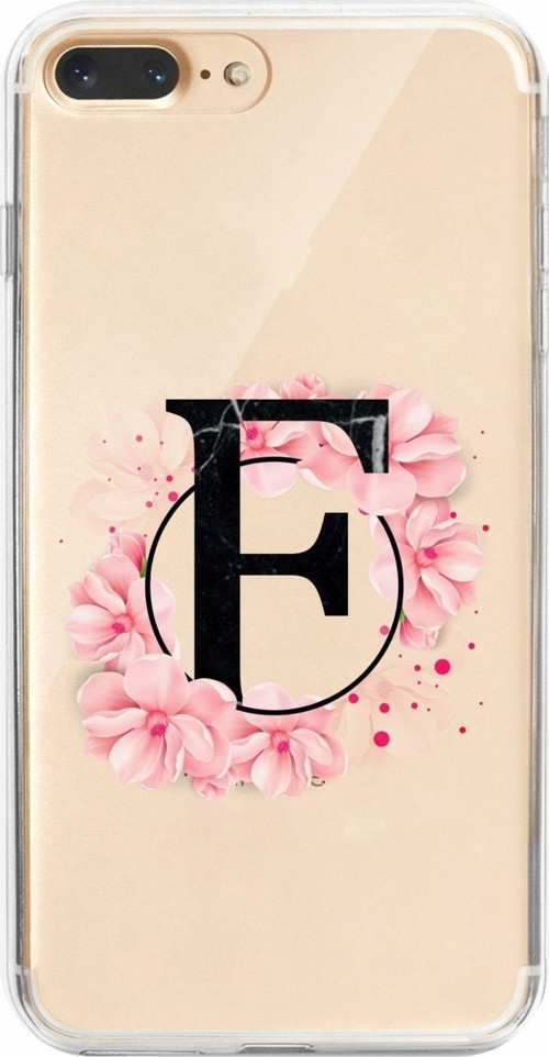 İphone 8 Plus Uyumlu Pembe Çiçek Desen F Harfli Şeffaf Kılıf