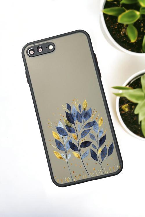 İphone 7 Plus Uyumlu Mavi Yaprak Desenli Buzlu Şeffaf Lüx Telefon Kılıfı