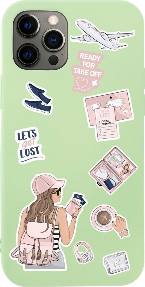 Iphone 12 Pro Max Pink Travel Tasarımlı Yeşil Telefon Kılıfı