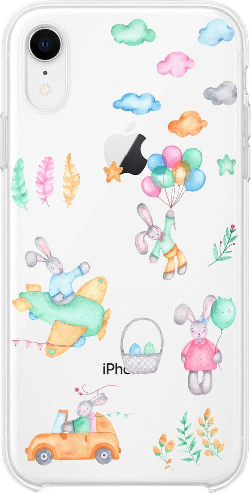 İphone Xr Uçan Tavşanlar Desenli Şeffaf Telefon Kılıfı