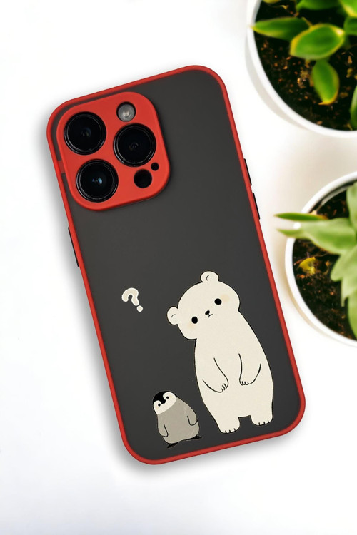 İphone 12 Pro Max Uyumlu Penguen Ve Ayıcık Desenli Buzlu Şeffaf Lüx Telefon Kılıfı