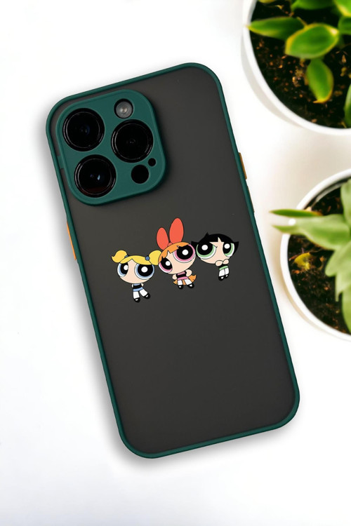 İphone 12 Pro Max Uyumlu Powerpuff Girls Desenli Buzlu Şeffaf Lüx Telefon Kılıfı