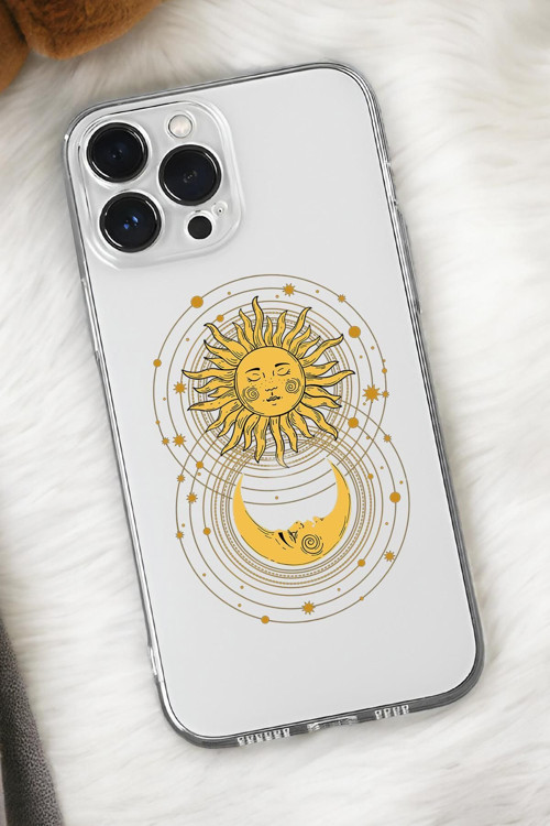 İphone 16 Pro Max Uyumlu Moon And Sun Desenli Premium Silikonlu Şeffaf Telefon Kılıfı