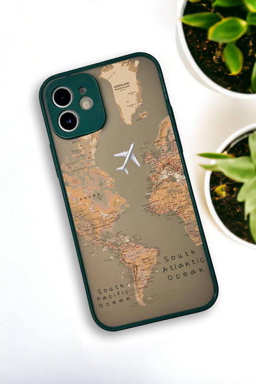İphone 12 Uyumlu Dünya Harita Desenli Buzlu Şeffaf Lüx Telefon Kılıfı
