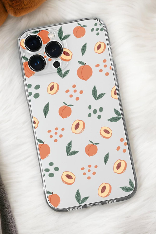 İphone 16 Pro Max Uyumlu Şeftali Pattern Desenli Premium Silikonlu Şeffaf Telefon Kılıfı