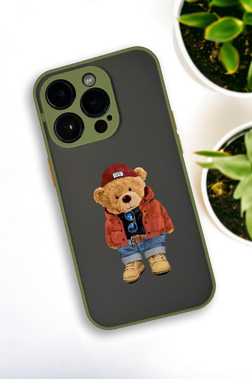 İphone 14 Pro Uyumlu Teddy Bear Desenli Buzlu Şeffaf Lüx Telefon Kılıfı