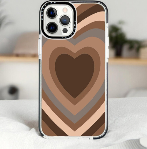 İphone 14 Pro Kahverengi Kalpler Desenli Casetify Darbe Emci Silikonlu Telefon Kılıfı