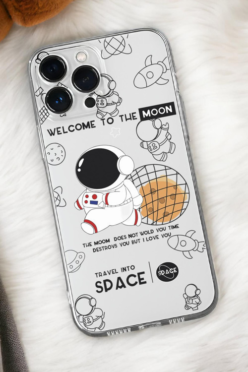 İphone 16 Pro Max Uyumlu Sevimli Astronot Desenli Premium Silikonlu Şeffaf Telefon Kılıfı
