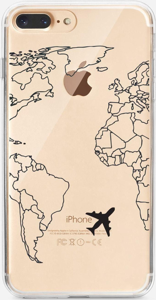 İphone 7 Plus World Map Lines Premium Şeffaf Silikon Kılıf Siyah Baskılı