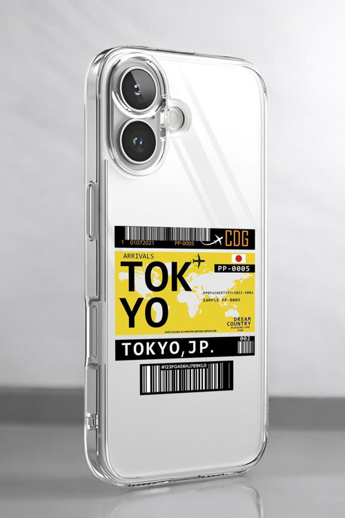 İphone 16 Uyumlu Tokyo Ticket Desenli Premium Silikonlu Şeffaf Telefon Kılıfı