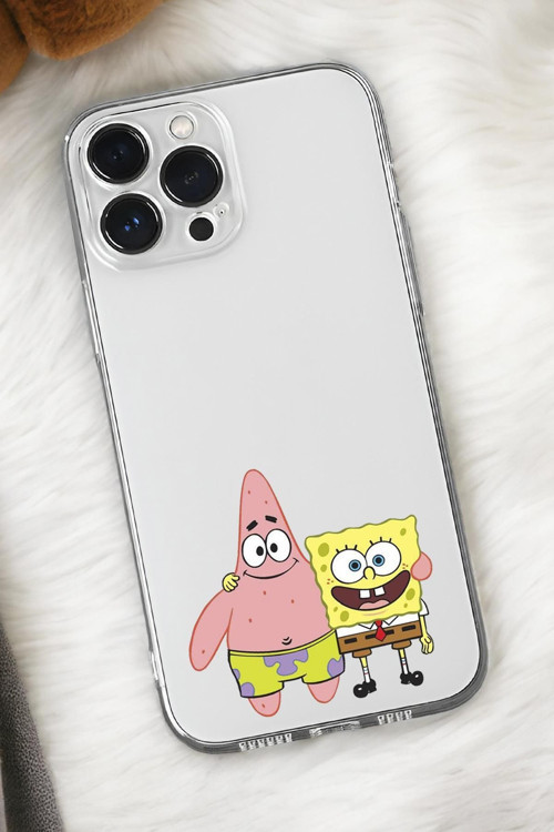 İphone 16 Pro Max Uyumlu Sünger Bob Ve Patrick Star Desenli Premium Silikonlu Şeffaf Telefon Kılıfı
