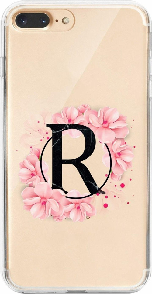 İphone 8 Plus Uyumlu Pembe Çiçek Desen R Harfli Şeffaf Kılıf