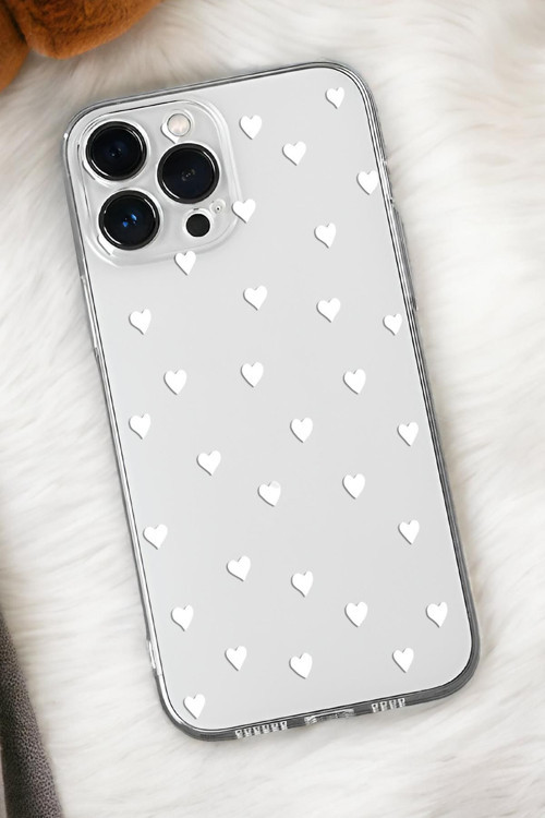 İphone 16 Pro Max Uyumlu Beyaz Kalpler Desenli Premium Silikonlu Şeffaf Telefon Kılıfı
