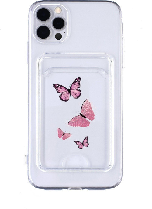Iphone 11 Pro Uyumlu Pembe Kelebekler Desenli Şeffaf Kamera Korumalı Ve Kartlıklı Telefon Kılıfı