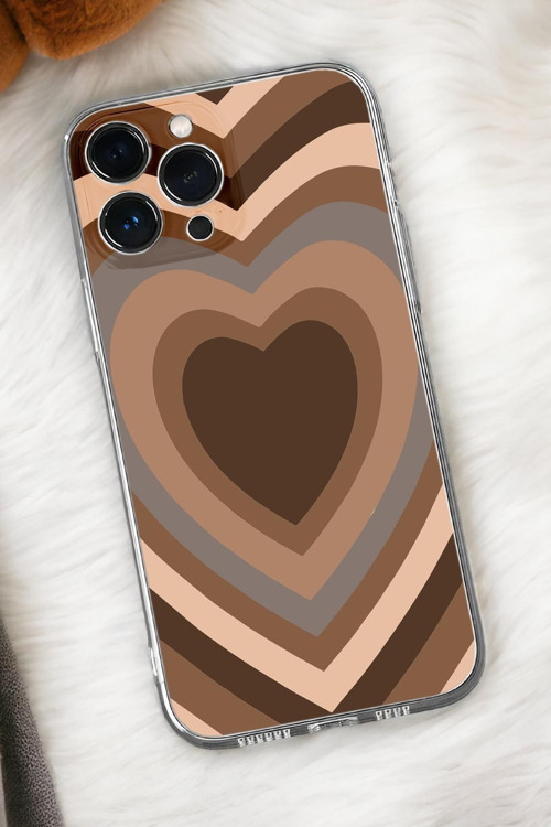 İphone 16 Pro Max Uyumlu Kahverengi Kalpler Desenli Premium Silikonlu Şeffaf Telefon Kılıfı