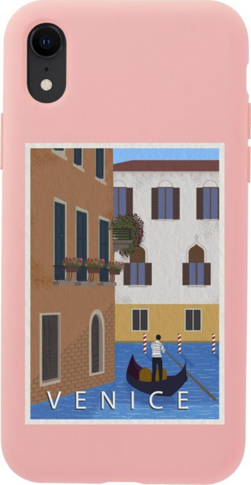 İphone Xr Uyumlu Venice Gondola Tasarımlı Pembe Telefon Kılıfı