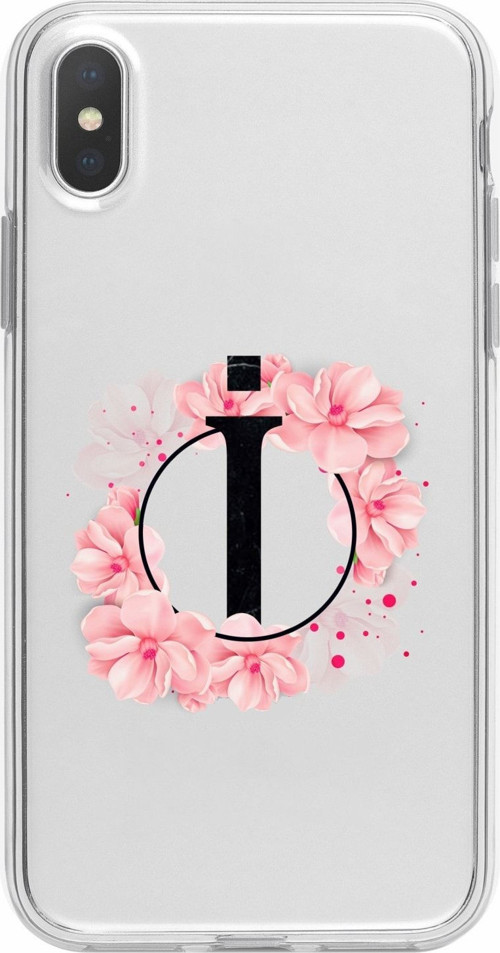 İphone Xs Max Uyumlu Pembe Çiçek Desen I Harfli Şeffaf Kılıf