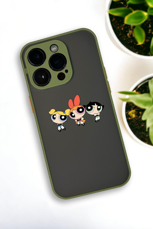 İphone 12 Pro Max Uyumlu Powerpuff Girls Desenli Buzlu Şeffaf Lüx Telefon Kılıfı