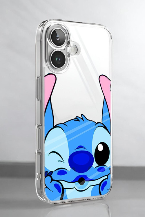 İphone 16 Uyumlu Stitch Desenli Premium Silikonlu Şeffaf Telefon Kılıfı