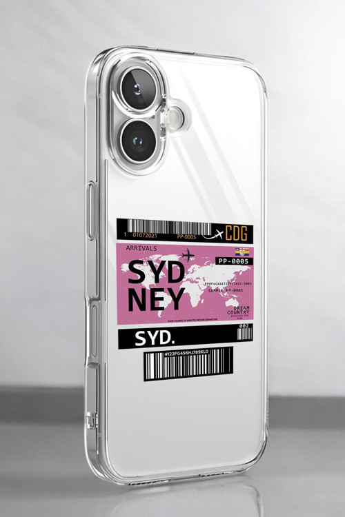 İphone 16 Uyumlu Sydney Ticket Desenli Premium Silikonlu Şeffaf Telefon Kılıfı