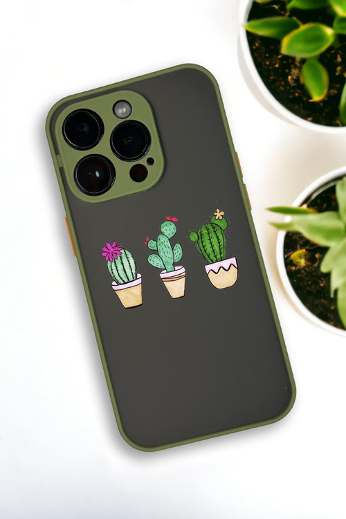 İphone 12 Pro Max Uyumlu Üçlü Kaktüs Desenli Buzlu Şeffaf Lüx Telefon Kılıfı
