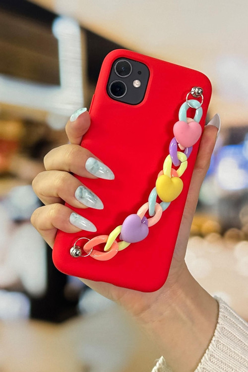 İphone 11 Uyumlu Kalpli Zincir Detaylı Premium Silikonlu Telefon Kılıfı