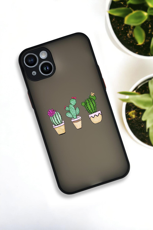 İphone 14 Plus Uyumlu Üçlü Kaktüs Desenli Buzlu Şeffaf Lüx Telefon Kılıfı