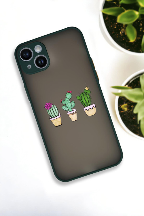 İphone 14 Plus Uyumlu Üçlü Kaktüs Desenli Buzlu Şeffaf Lüx Telefon Kılıfı