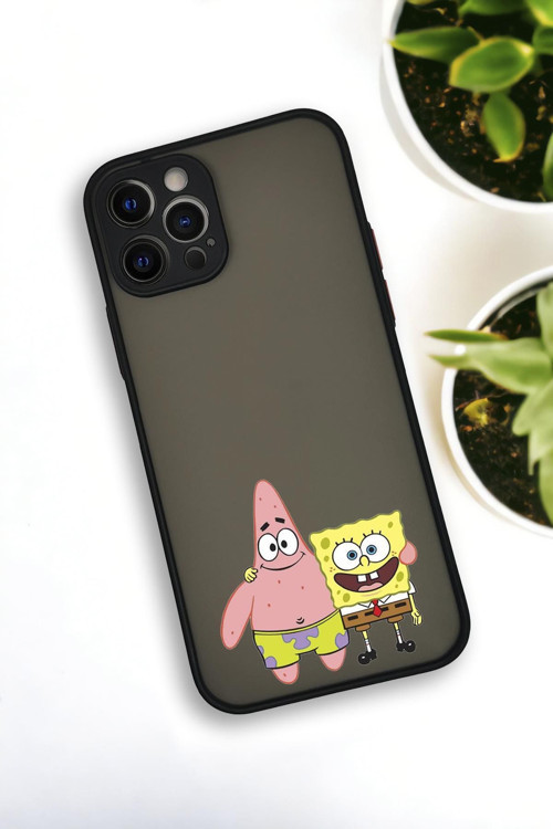 İphone 12 Pro Uyumlu Sünger Bob Ve Patrick Star Desenli Buzlu Şeffaf Lüx Telefon Kılıfı