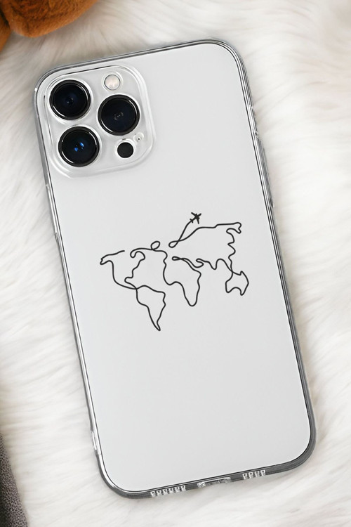 İphone 15 Uyumlu Dünya Harita Rota Desenli Premium Silikonlu Şeffaf Telefon Kılıfı