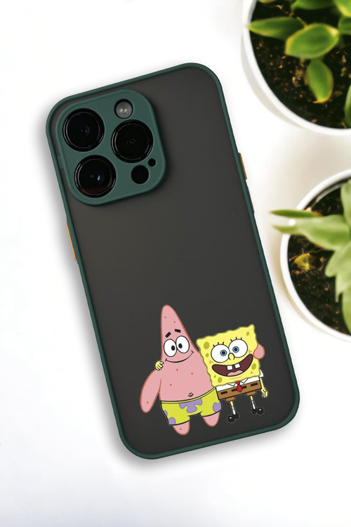 İphone 12 Pro Max Uyumlu Sünger Bob Ve Patrick Star Desenli Buzlu Şeffaf Lüx Telefon Kılıfı