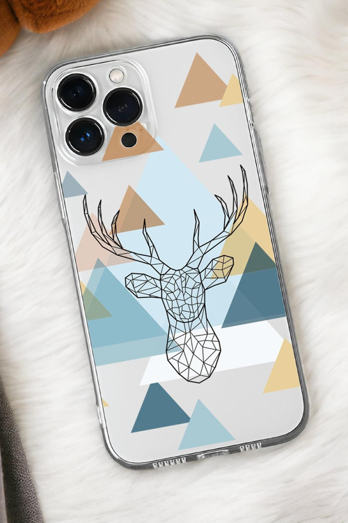 İphone 15 Uyumlu Polygon Deer Desenli Premium Silikonlu Şeffaf Telefon Kılıfı